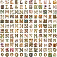 Watercolor Letters L M N O alphabet clipart grid view featuring rustic oak wood and vibrant mushroom decor. Assortment of styles perfect for journal covers, scrapbooking, and low content activity books.