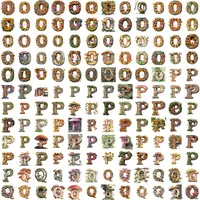 Grid view showing variety of O P Q letters from the Watercolor Mushroom Alphabet Clipart Bundle. Oak wood letters decorated with orange, brown, and green fungi and foliage. Perfect for planner stickers.