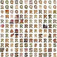 Grid view showing variety of Q R S letters from the Watercolor Mushroom Alphabet Clipart Bundle. Wood texture letters decorated with colorful fungi and foliage. Perfect for scrapbooking and planner layouts.