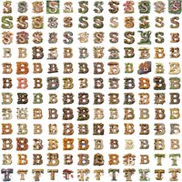 Full collection preview grid of the S B T letters from the Mushroom Alphabet Clipart Bundle. Assortment of wood-textured letters with detailed watercolor mushrooms and vines. High quality transparent PNGs.