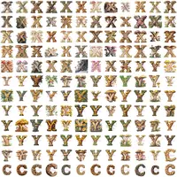 Full collection preview grid of the X Y C letters from the Mushroom Alphabet Clipart Set. Assortment of wood-textured letters with detailed watercolor fungi. Commercial use PNGs for sublimation projects.