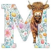 Watercolor Highland cow peeking through floral letter M decorated with spring flowers and pastel eggs. Farmhouse alphabet element for sublimation.
