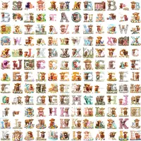 Grid view showing variety of the Watercolor Easter Alphabet Clipart Bundle with rugged Highland Cows, colorful Easter eggs, and spring elements decorating each letter. Ideal for educational resources and sublimation.