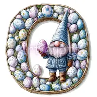 Watercolor gnome holding an egg inside letter O made of twigs and blue speckled Easter eggs. Fantasy garden alphabet for spring projects.