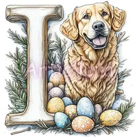 Watercolor Golden Retriever dog sitting by wooden letter I surrounded by Easter eggs. Pet lover alphabet element for sublimation.