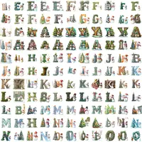 Watercolor Christmas Snowman Alphabet Clipart grid view showing a variety of uppercase letters decorated with snowmen and festive greenery. Full collection preview for digital scrapbooking and planner stickers.