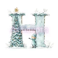 Watercolor Christmas elf pointing at frozen letter H made of snowy trees and ice. Winter fantasy alphabet character for holiday cards and POD.
