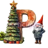 Watercolor Christmas gnome standing by stone letter P with decorated pine tree. Festive holiday alphabet character for sublimation.