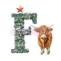 Watercolor Highland cow standing by snowy floral fir tree letter F with red ornaments. Festive animal alphabet PNG for holiday decor and sublimation.