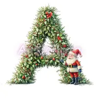 Watercolor Santa Claus standing next to Christmas tree letter A made of holly and fir branches. Festive alphabet PNG for sublimation and apparel.