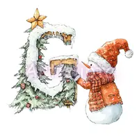 Watercolor snowman building letter G made of snowy pine branches and wood. Winter holiday alphabet element for festive sublimation.