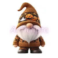 Watercolor Halloween gnome wearing a brown knitted hat with pumpkin face and ghost motifs. Autumn themed dwarf illustration for sublimation and planner stickers.