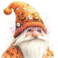 Close-up portrait of a cute Halloween gnome with an orange hat featuring pumpkins and spiderwebs. Fluffy beard watercolor dwarf for holiday greeting cards.