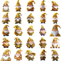 Diverse assortment of 25 watercolor Halloween gnome clipart in vibrant yellow and orange tones. Gnomes sport pointy hats decorated with pumpkins and spooky faces. Full collection preview for sublimation.