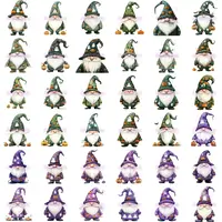 Halloween Theme Gnome Clipart Mega Bundle grid view showing charming watercolor gnomes in green and purple tones. Assortment of witch and pumpkin styles. Perfect for scrapbooking and printable designs.