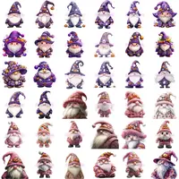 Halloween Theme Gnome Clipart Mega Bundle grid view showing a diverse collection of purple and pink watercolor gnomes. Full collection preview for digital scrapbooking and planner layouts.