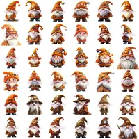 Halloween Theme Gnome Clipart Mega Bundle grid view showing full collection preview with vibrant orange-themed gnomes. Assortment of poses and styles. Perfect for stickers, scrapbooking and planner layouts.