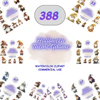 Halloween Theme Gnome collection preview showing a variety of colors including brown, yellow, and rainbow. Grid view of 388 whimsical gnomes for commercial use.