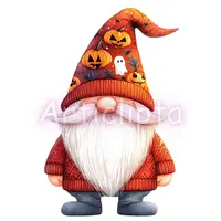 Halloween gnome character featuring a tall orange hat decorated with pumpkins and spiders. Watercolor autumn dwarf graphics for sticker making and shirt designs.