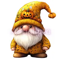 Yellow Halloween gnome featuring a tall hat stacked with carved pumpkins and spiderwebs. Watercolor autumn dwarf clipart for festive sublimation designs.