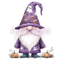 Purple Halloween gnome wearing a hat and outfit with ghost and pumpkin patterns standing near pumpkins. Witchy dwarf clipart for commercial use printing.