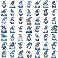 Full collection preview of the Blue Carnival Gnome Clipart Bundle with 49 different watercolor blue gnomes. Grid view showing a variety of poses and colorful festive hats. Perfect for scrapbooking, stickers, and planner layouts.