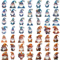 Grid view of the Mega Bundle Carnival Gnome Clipart showing 49 watercolor gnomes in mixed blue and orange festive costumes. Assortment of poses and brightly colored hats. Isolated PNGs for digital scrapbooking and sublimation.