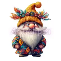 Cheerful carnival gnome in a yellow knitted hat adorned with feathers and beads wearing a patchwork coat. Colorful dwarf clipart for party decorations and POD.