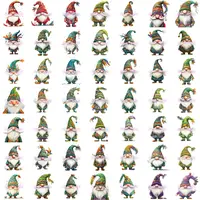 Watercolor Carnival Gnome clipart grid showing 49 figures in shades of green, blue, and teal with detailed patterns. Full collection preview of transparent PNGs for high-quality printing.