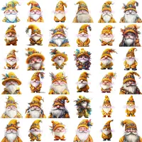 Full collection preview of 36 watercolor Carnival Gnome clipart in vibrant yellow and gold outfits, with festive hats and feather details. Perfect PNGs for stickers, cards, and sublimation.
