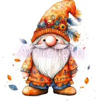 Orange carnival gnome wearing a hat decorated with quirky masquerade masks and feathers. Watercolor festival dwarf illustration for artistic layouts and crafts.