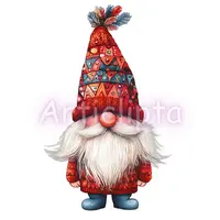 Festive carnival gnome in a red tribal patterned hat adorned with colorful feathers. Watercolor boho style dwarf clipart for festival designs and digital scrapbooking.