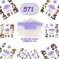 571 Carnival Theme Gnome Clipart Bundle featuring whimsical gnomes with festive masks and feathers. Large collection of colorful watercolor gnomes for sublimation and PNG projects.