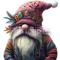 Pink carnival gnome wearing a knitted hat decorated with Venetian masks and colorful feathers. Watercolor masquerade dwarf graphic for POD and crafts.