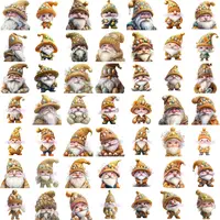 Collection grid featuring various cute watercolor Easter Gnome clipart in brown and golden-orange tones with decorated hats. Isolated transparent PNGs for sublimation.