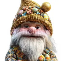 Close-up of an Easter gnome wearing a gold knitted hat decorated with colorful eggs and flowers. Cute bearded character in floral clothes for spring sublimation designs.