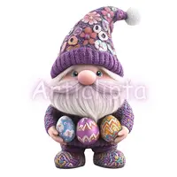 Purple Easter gnome holding three decorated eggs. Character wears a textured purple hat with floral details. High-quality watercolor style art for scrapbooking.