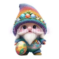 Colorful Easter gnome wearing a rainbow knitted hat with a brim full of eggs. Cute bearded character holding a decorated egg for vibrant spring designs.
