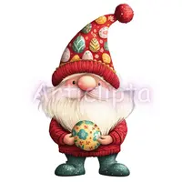 Red-themed Easter gnome holding a large decorated egg. Character wears a hat with colorful egg patterns. Festive watercolor clipart for holiday cards and POD.