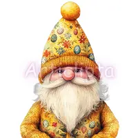 Cheerful Easter gnome in a yellow outfit featuring a hat with eggs and spring flowers. Watercolor style character perfect for bright seasonal planner stickers.