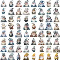Grid view of 64 rustic watercolor gnomes in gray, blue, and neutral winter colors. Assortment of poses and styles perfect for digital scrapbooking and KDP activity books.