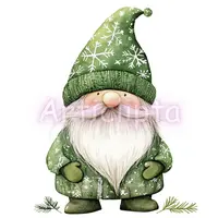 Green winter gnome wearing a hat with large white snowflakes. Nature-inspired bearded character in a green coat suitable for rustic holiday decor designs.