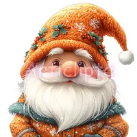 Orange winter gnome featuring a chunky knit hat with holly and snow details. Warm-toned bearded character clipart ideal for cozy seasonal POD products.