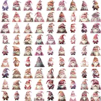 Large grid view displaying 81 watercolor gnomes primarily in pink and red winter attire with various hats and cozy sweaters. High-quality isolated PNGs for educational resources.