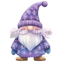 Purple winter gnome dressed in a coat and hat covered in delicate snowflakes. Cute watercolor style character with blue mittens for chilly season projects.