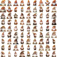 Watercolor gnome clipart grid view in warm, earthy tones of brown and beige, ideal for low content KDP activity books. Diverse character poses and outfits included. Isolated PNGs for sublimation.