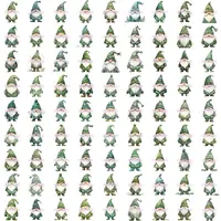 Full collection preview of watercolor winter-themed gnome clipart in various shades of green and sage. Grid view showing diverse poses and textures. Isolated PNGs for digital scrapbooking.