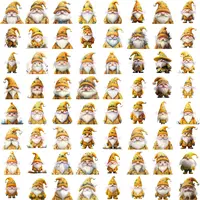 Collection grid of 64 happy watercolor gnomes dressed in yellow and orange winter-themed clothes. Ideal transparent PNGs for planner stickers and classroom decor projects.