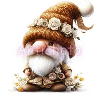 Watercolor brown boho wedding gnome with knitted hat, white roses and vintage pocket watches. Rustic bridal dwarf clipart for steampunk crafts.