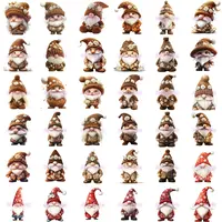 Collection preview of 36 watercolor wedding gnomes in brown, beige, and red outfits, many featuring floral crowns and knitted hats. Grid view showing a full assortment of styles. Perfect for printable stickers and planner layouts.